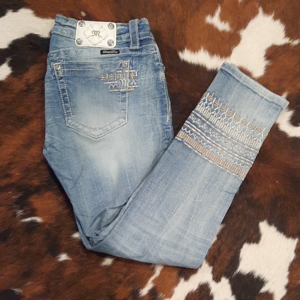 Miss Me Light Blue Embroidered Cropped Jeans
